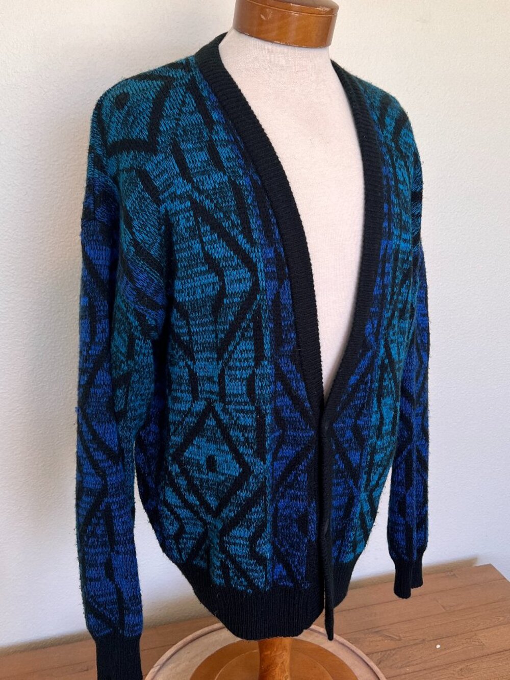 90's Funky Geometric Knit Cardigan Sweater | Blue & Black | Size Large